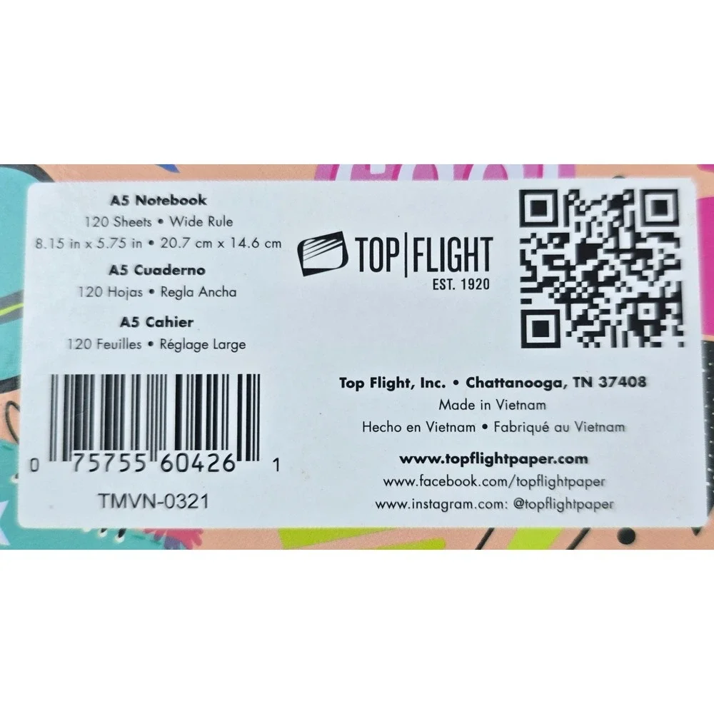 Top Flight A5 Spiral Notebook Pink Pop Art Graphic Print Wide Rule 120 Sheets